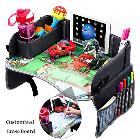 Kids Travel Play Tray for Toddler Car Seat,Car Seat Activity Tray with Dry Erase Top,Snacks,Travel Play Tray (Colorful)