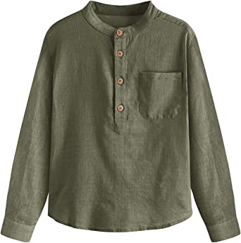 Inorin Boys Button Up Henley Shirt Long Sleeve Lightweight Linen Cotton Dress Shirts Tees Tops with One Pocket
