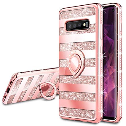 VEGO Galaxy S10 Case Glitter with Ring Holder Kickstand for Women Girls Bling Diamond Rhinestone Sparkly Bumper Shiny Cute Fashion Protective Case for Samsung Galaxy S10(Stripe Rose Gold)
