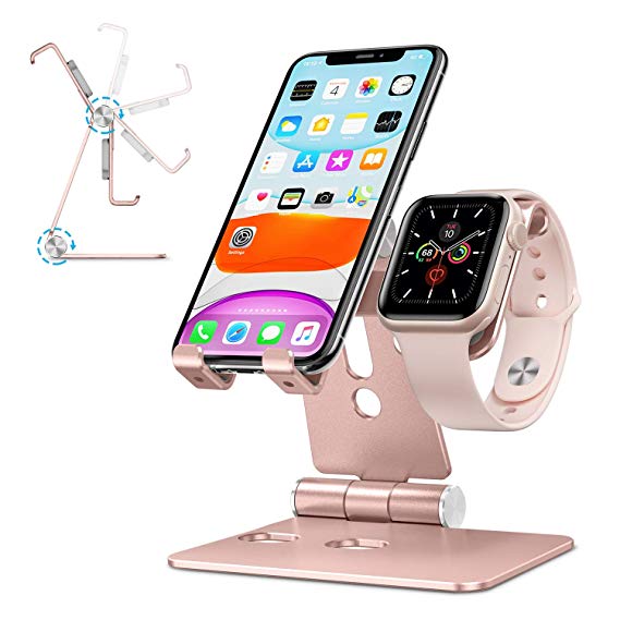 Cell Phone Stand for Apple Watch - OMOTON 2 in 1 Aluminum Foldable Charging Dock Stand for Apple Watch 5/4/3/2/1 and iPhone 11/11 Pro/11 Pro Max/XR/Xs/Xs Max (Rose Gold)