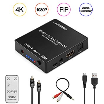 LANGREE 3 In 1 Out HDMI Switch, Support 4K 1080P 3D, with PIP and Audio Extractor Converter Analog Optical Toslink Output, include IR Wireless Remote Control, Optical Cable and 3.5mm Audio Video Cable