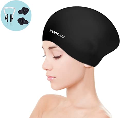 TOPLUS Swim Cap for Women, Silicone Swimming Cap for Long Hair Flexible and Durable with Ear Cover and Nose Clip - Black