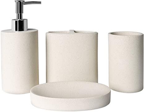 TOPSKY 4 Pieces Bathroom Accessories Set Soap Dispenser/Toothbrush Holder/Tumbler/Soap dish (Caramel Sandstone)