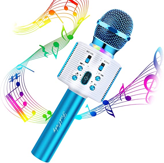 FISHOAKY Karaoke Microphone Wireless Bluetooth, 3 in 1 Portable Karaoke Mic Player with colorful LED and Magic Voice For Kids,Birthday Party,Home Camping, KTV (Blue)
