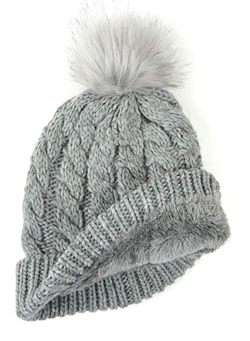 BRUCERIVER Women Winter Chunky Knit Beanie Hat Sherpa Lined with FauxFur Pom Pom
