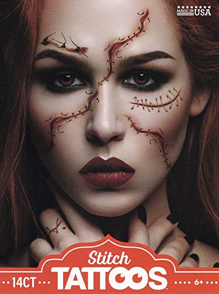 Halloween Realistic Temporary Costume Make Up Face Tattoo Kit Men or Women - (Realistic Stitches) 1 Kit