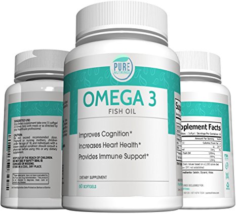 Pure Nutrinex Omega 3 Fish Oil Pills to Support Heart, Brain, Immune and Joint Health with 3000mg Fish Oil and 840mg EPA and DHA Daily. No Fishy Aftertaste. 60 Softgels.