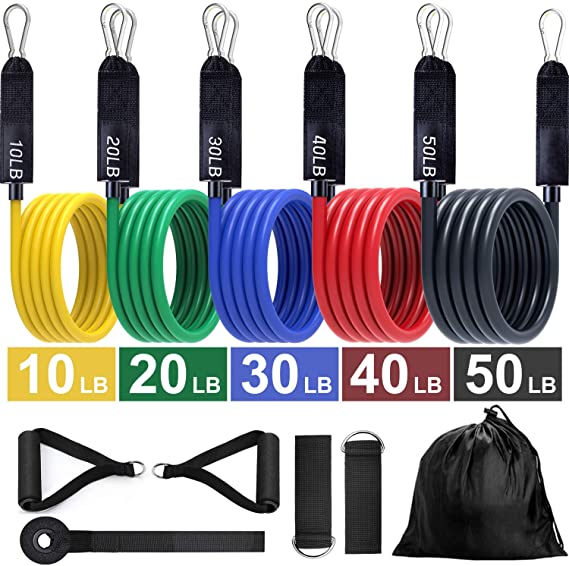 EgoIggo Resistance Bands Set, 5 Exercise Bands Stackable Up to 150lbs, Fitness Workout Bands with Handles, Door Anchor, Waterproof Carry Bag, Legs Ankle Straps for Working Out Training