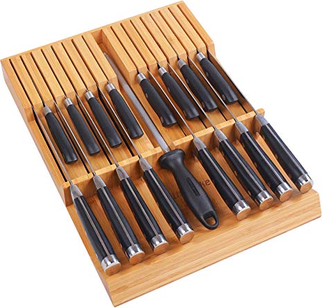 Utoplike In-drawer Knife Block Bamboo Kitchen Knife Drawer Organizer,Large handle Steak knife Holder without Knives, fit for 16 knives and 1 Sharpening Steel