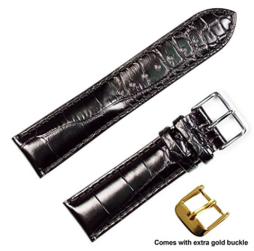 deBeer brand Crocodile Grain Watch Band (Silver & Gold Buckle) - Black 17mm