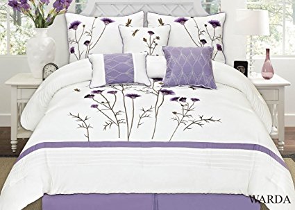 Fancy Collection 7-pc Embroidery Bedding Off White Purple Lavender Comforter Set (California King)