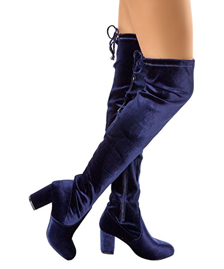RF Women's Thigh High Over The Knee Block Chunky Heel Pointy Round Toe Boots