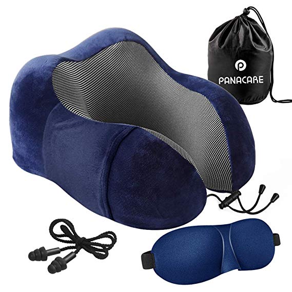 Travel Pillow, PANACARE Neck Pillow with Ergonomic Memory Foam, Soft Breathable Pillowcase for Removable Washable, Standard Travel Kit with Eye Mask, Earplugs, Great for Flight Travel Office, Blue