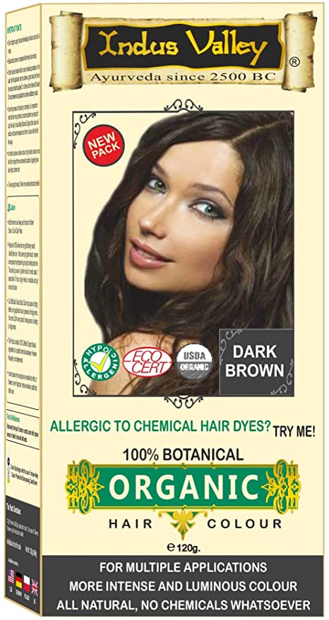 100% Organic, 100% Chemical Free, 100% Botanical Herbal Hair Dye Colour Dark Brown for Initial/First Few Greys (Does Not Lighten Hair from a Dark to Lighter Colour) Pure Natural Herbal For Men & Women No PPD, No Ammonia, No Peroxide and No Heavy Metals Whatsoever by Indus Valley