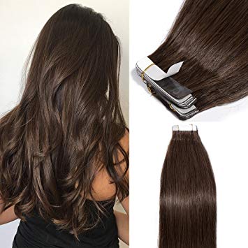 Tape in Human Hair Extensions 40pcs 100% Remy Human Hair Straight Skin Weft Hair Extensions (16inch 100g, 4 Medium Brown)