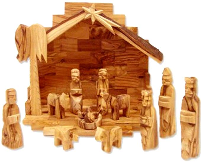 Holy Land Market Olive Wood Miniature Set with Stable 12 Pieces (Bark Roof Stable)