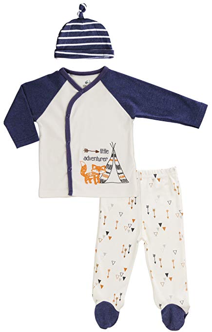 Asher and Olivia Baby Boys' 3-Piece Set Kimono Style Top, Footed Pants and Matching Hat