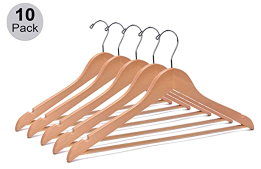 Quality Wooden Suit Hangers with Non Slip Pants Bar, Smooth Finish Solid Wood Coat Hanger with Swivel Hook, Jacket, Pant, Dress Clothes Hangers (Natural, 10)