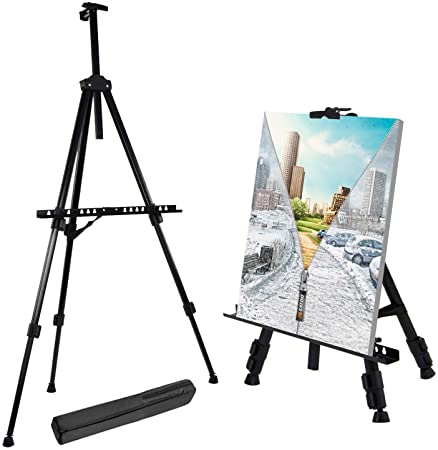 T-Sign 66" Reinforced Artist Easel Stand, Extra Thick Aluminum Metal Tripod Display Easel 21" to 66" Adjustable Height with Portable Bag for Floor/Table-Top Drawing and Displaying