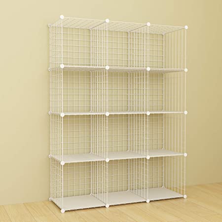 SIMPDIY Storage Rack with Metal Wire Mesh 12 Cubes Bookshelf 37x12.5x49INCH Large Capacity White Simple Storage Shelves