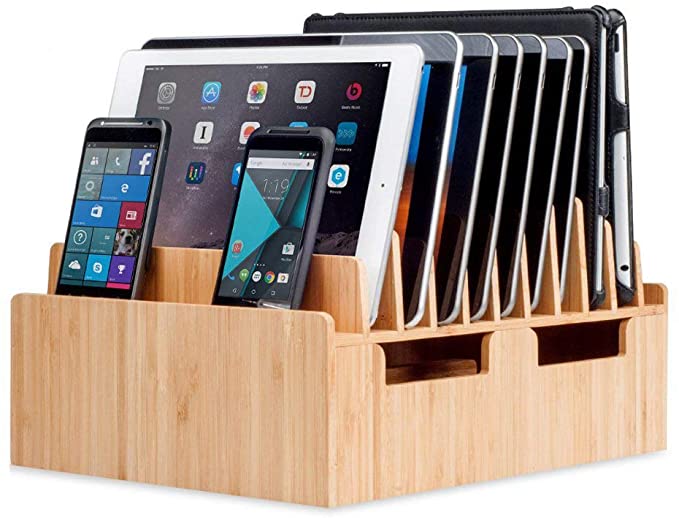 MobileVision Bamboo 10-Port Charging Station & Docking Organizer for Smartphones & Tablets, Family-Sized, for use in Corporate Offices & Classrooms