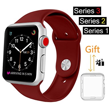 For Apple Watch Band, MOOLLY Soft Silicone iWatch Strap Replacement Sport Band for Apple Watch Band Series 3 Series 2 Series 1 Sport & Edition (GJ42MM-Wine Red)