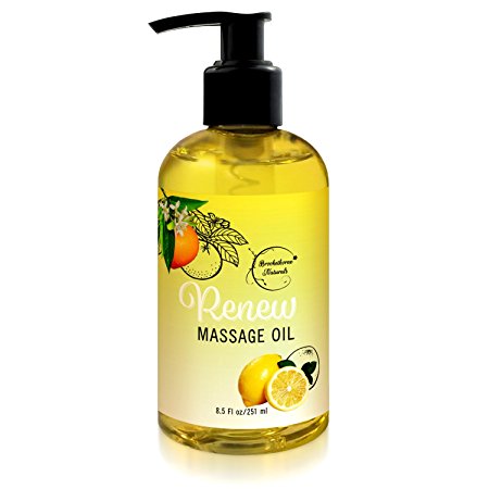 Renew Massage Oil with Orange, Lemon & Peppermint Essential Oils - Great for Massage Therapy or Home use. Ideal for Full Body – with Almond, Grapeseed & Jojoba Oils – By Brookethorne Naturals