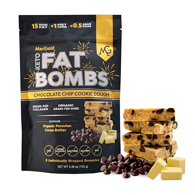 MariGold Keto Fat Bombs Snacks - Chocolate Chip Cookie Dough - Low Carb, Collagen Rich, Grass-fed Ghee, Organic Cocoa Butter, Gluten-Free, Non-GMO (1 bag, 5 Servings, No Weird Aftertaste