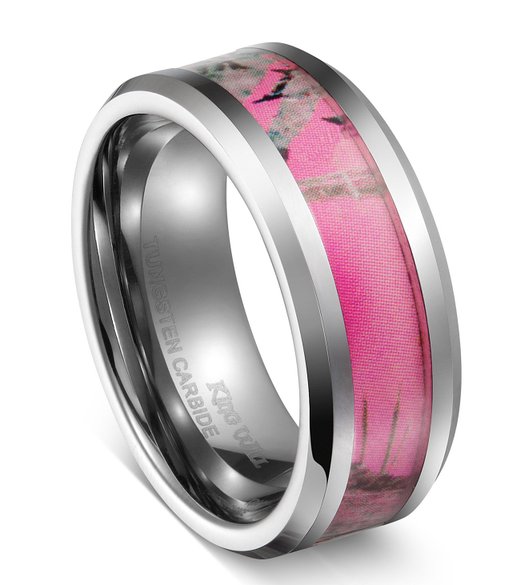 King Will 8mm Tungsten Carbide Ring Women's Camo Hunting Camouflage Wedding Band Pink Tree Any Size