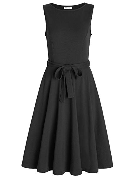 Pintage Women's Boat Neck Sleeveless A Line Dress with Belt