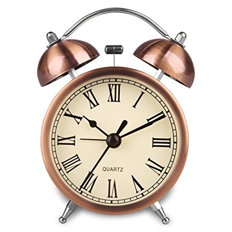 HENSE Vintage Retro Non Ticking Bedside Twin Bell Travel Alarm Clock Battery Powered Night-light Loud Alarm Clocks with Bright Copper Color HA41(3 inch Roman Number)