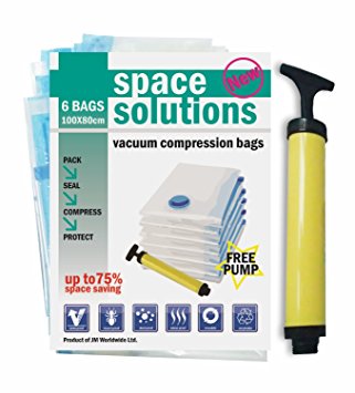 Space Solutions *Large Vacuum Compression Storage Bags   FREE Hand Pump for Travel * [Works With All Vacuum Cleaners] Double Zip Seal and Specially Designed Valve for Optimal Compression! (6 Pack 100 x 80CM)