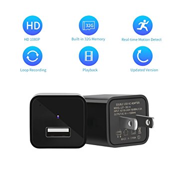 Mini 1080P HD Camera USB Wall Charger Video Recorder with Motion Detection for Home Office Hotel Security, Hoicmoic Wireless Real-time Remote See Live Nanny Cam (32G SD Card Included)