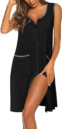 Ekouaer Nightgown Womens Sleeveless Sleepwear Button Down Nightshirt with Pockets S-XXL