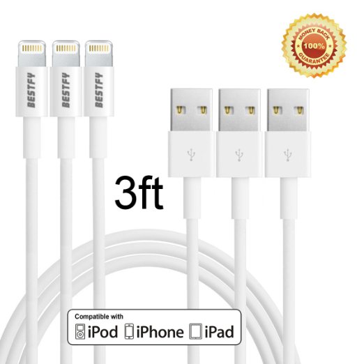 BestfyTM3Pack 3FT 8pin Lightning to USB Sync Data and Charging Cable Cord Wire for iPhone 66 plus 6s 6s plus iPhone 5 5c 5s iPad 4 Mini Air iPod Nano 7 iPod Touch 5White