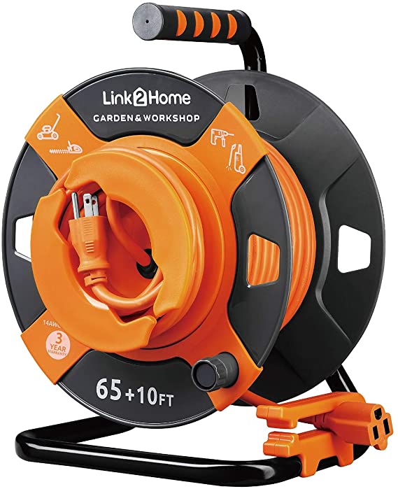 Link2Home Garden and Workshop Cord Reel 75 ft. Extension Cord 4 Power Outlets – 14 AWG SJTW Cable. Heavy Duty High Visibility Power Cord.