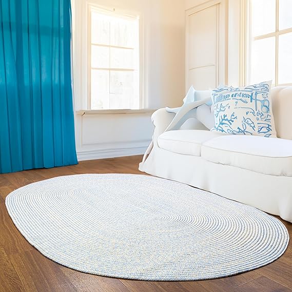 Super Area Rugs Blue Braided Rug Farmhouse Living Room Braided Rugs - Washable Area Rug - French Country Rug for Living Room - Oval 5' X 8'