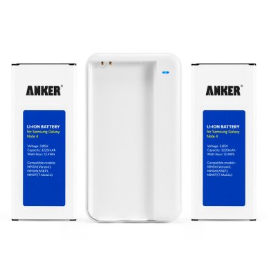 [NFC/Google Wallet Capable] Anker 2 x 3220mAh Li-ion Batteries for Samsung Galaxy Note 4, N910, N910U 4G LTE, N910V(Verizon), N910T(T-Mobile), N910A(AT&T) with Anker Travel Charger, and 18-Month Warranty