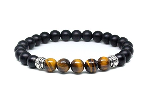 Men's Matte Black Onyx, Tiger's Eye, and Sterling Silver Bali beads Bracelet, Men's Bracelet
