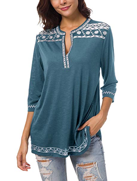 Urban CoCo Women's 3/4 Sleeve Boho Shirts Embroidered Peasant Top