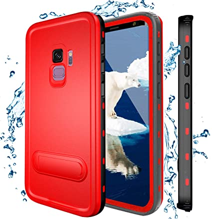 Samsung Galaxy S9 Waterproof Case, Shockproof Dustproof Snowproof Hard Shell Full-Body Underwater Protective Box Rugged Cover with Kickstand and Built in Screen Protector for Galaxy S9 (RED)