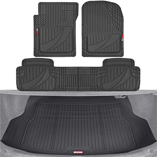 Motor Trend FlexTough Advanced Black Rubber Car Floor Mats with Cargo Liner Full Set – Front & Rear Combo Trim to Fit Floor Mats for Cars Truck Van SUV, All Weather Automotive Floor Liners