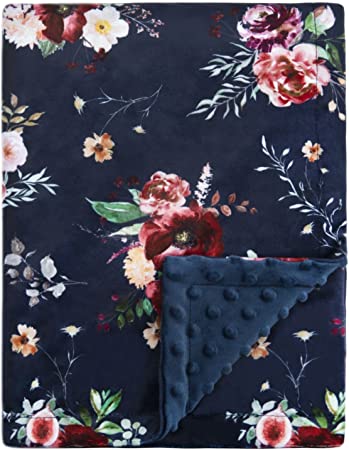 BORITAR Baby Blanket for Girls Super Soft Double Layer Minky with Dotted Backing Dark Blue Blanket with Beauty Floral Printed 30 x 40 Inch(75x100cm)