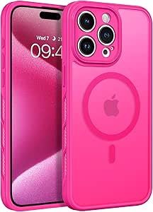 DUEDUE for iPhone 15 Pro Max Case Magnetic[Compatible with Magsafe], Full Camera Protection Cover Translucent Matte Back Anti-Scratch Slim Phone Case for iPhone 15 Pro Max 6.7", Hot Pink