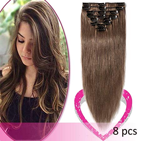 Clip in on Hair Extensions Remy Human Hair Standard Weft 18 Inch 70g 8 Pcs 18 Clips Thick Soft Silky Straight Hair for Women Beauty Gift #6 Light Brown