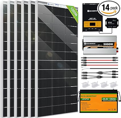 ECO-WORTHY 1200W 24V 5.52KWH MPPT Lithium Battery Solar System Off Grid RV Home: 6pcs 195W Solar Panels   60A MPPT Charge Controller   25.6V 100Ah Lithium Battery   3000W Pure Sine Wave Inverter