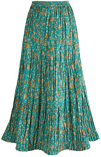 Women's Long Reversible Peasant Skirt - Boho Floral Green/Gold Cotton Maxi Skirt