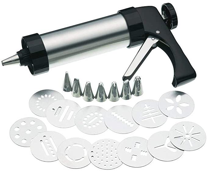 JUNMAO Cookie Press,Cookie Press Gun Kit,Cookie Biscuit Press/Icing Decorating Gun Sets DIY Biscuit maker with 13 Decorative Stencil Discs and 7 Mounted Flower Mouth for Cake