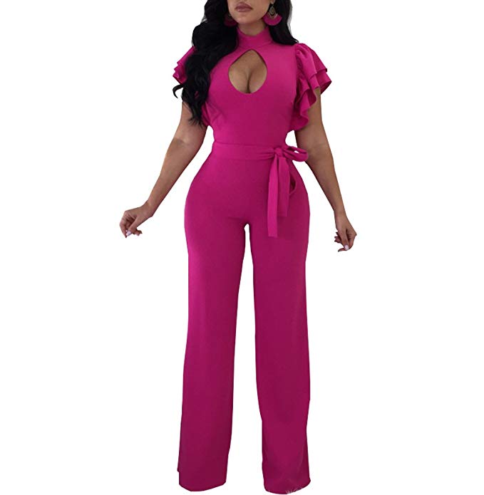 Vilover Women's Sexy V Neck Ruffle Casual Bodycon Long Pants Jumpsuit Romper