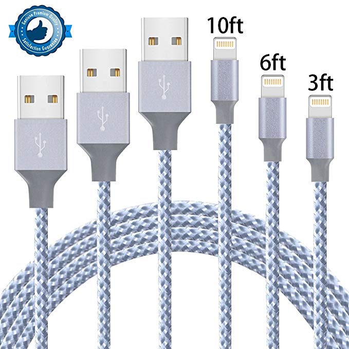 Jebei Lightning Cable,iPhone Cables 3Pack 3FT 6FT 10FT to USB Syncing Data and Nylon Braided Cord Charger for Apple iPhone 8, X, 7, 7 Plus, 6, 6s, 6 , 5, 5c, 5s, SE, iPad, iPod Nano, Touch - GrayWhite